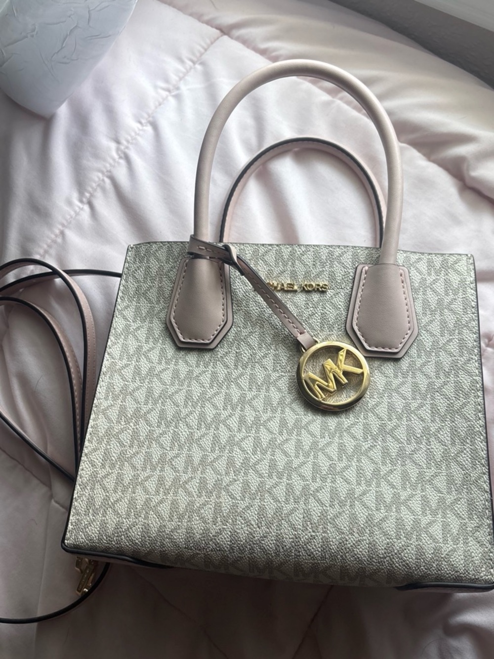 Michael Kors Pale Pink and Cream Signature Satchel with Gold MK Charm